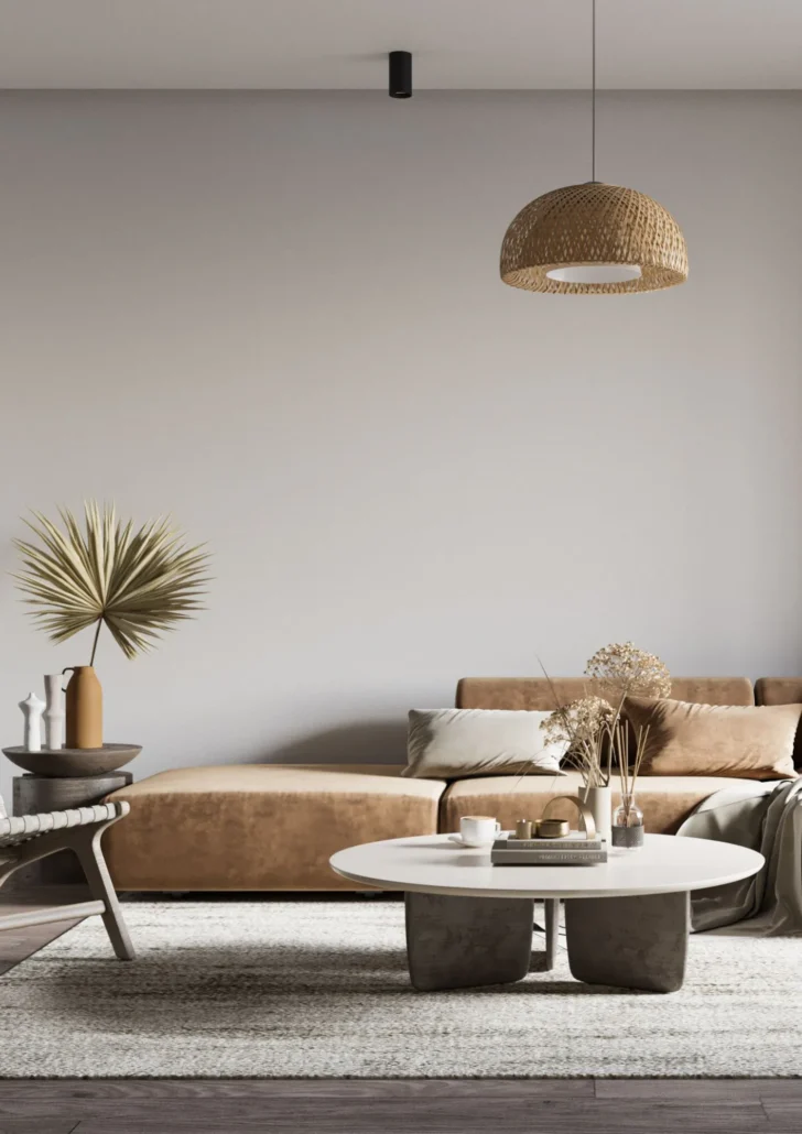 Wabi-sabi stílusú nappali földszínű kanapéval, rattan függőlámpával és természetes anyagokkal